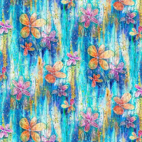 108" Floral Dance Teal Fabric 1.75 yards inv 23